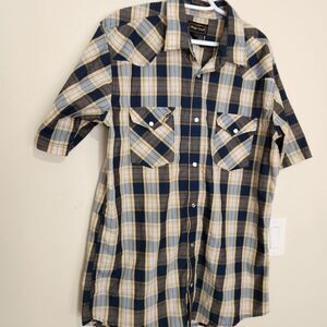 High Noon Western Shirt Men Size Large Tall Short Sleeve Plaid Snap Buttons  B3